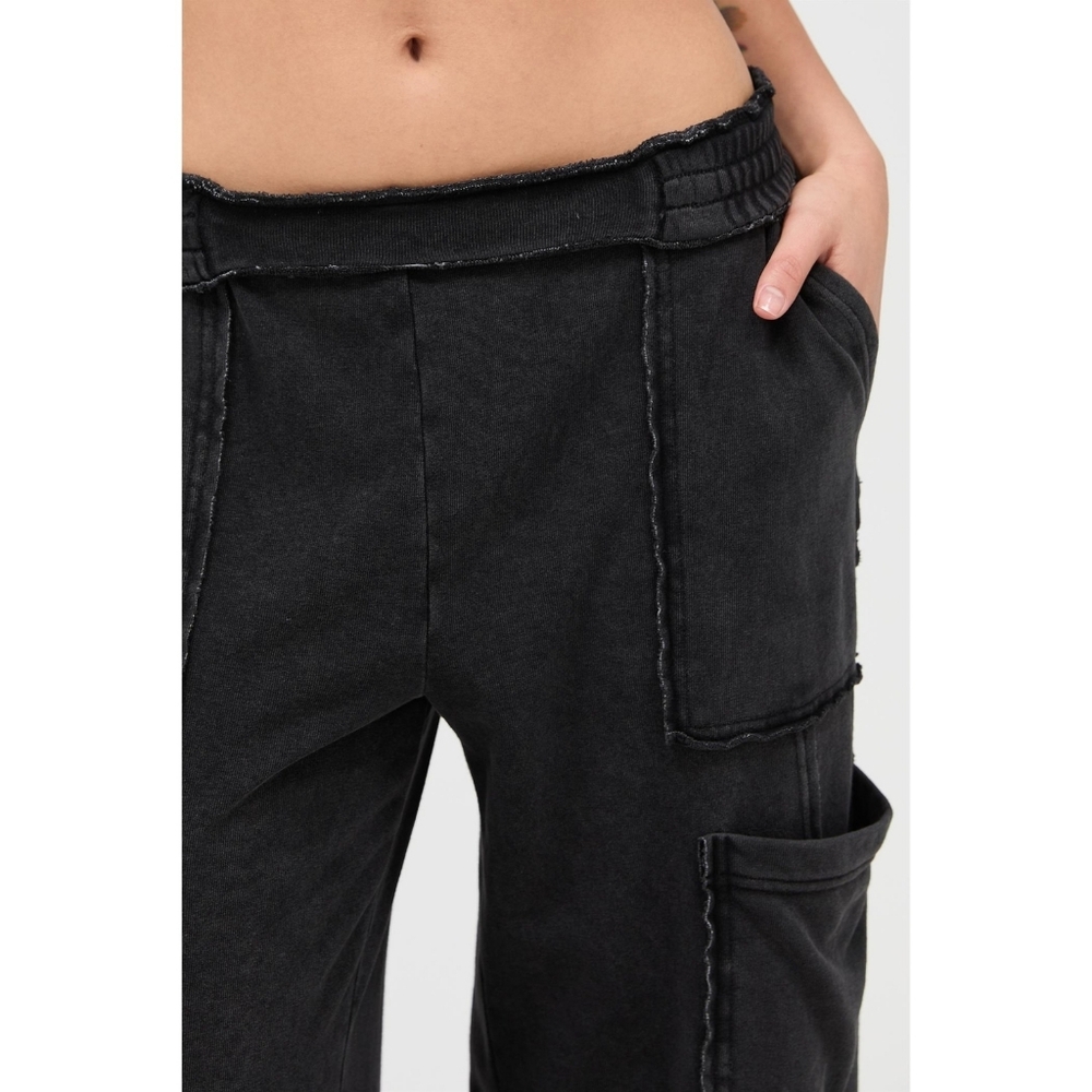 CloudDweller Black Mineral Washed Cotton Butter Soft Wide Leg Cargo Sweatpants - Picture 3 of 8